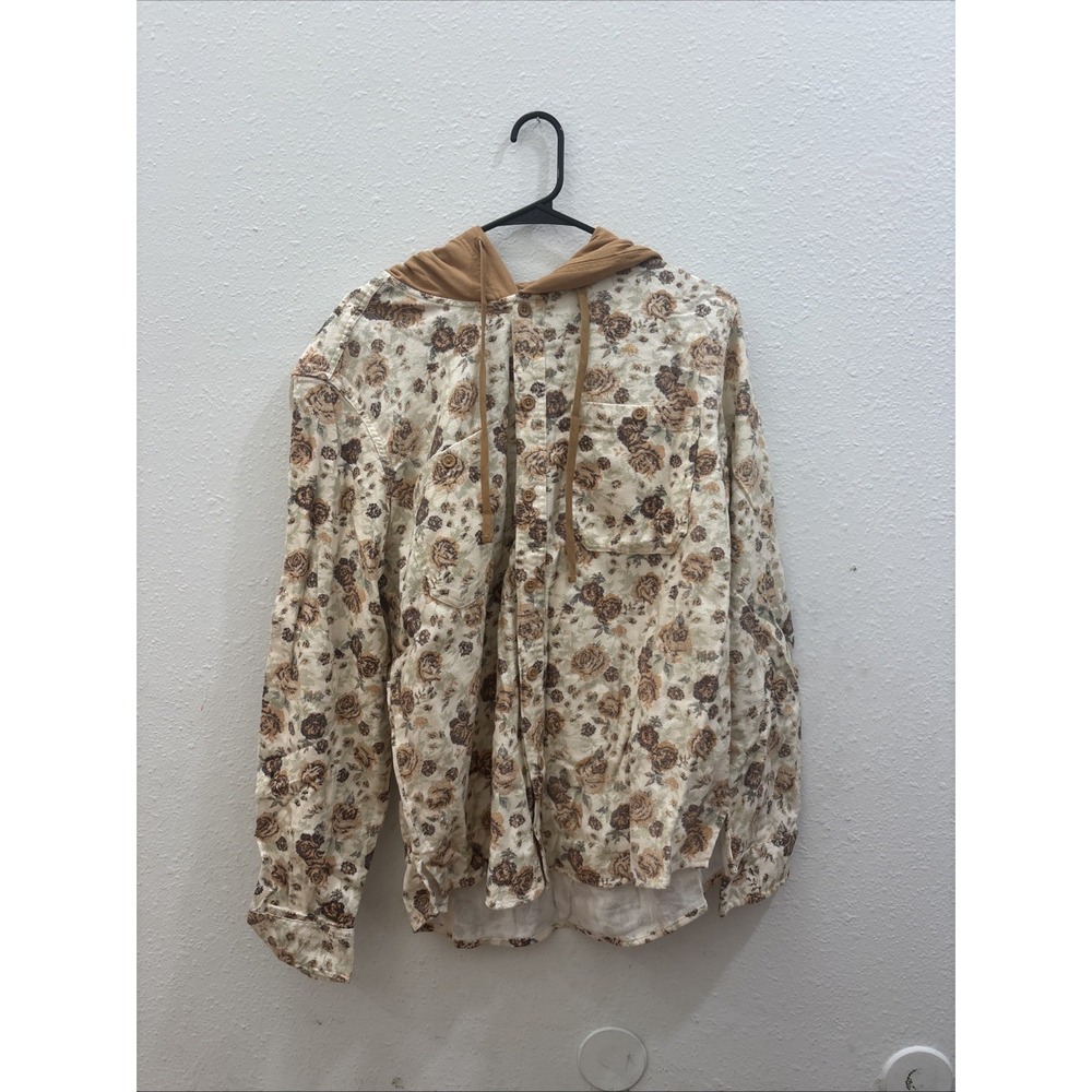 Original Use Mens Khaki Floral Hooded Button Down Shirt Long Sleeve Large NEW